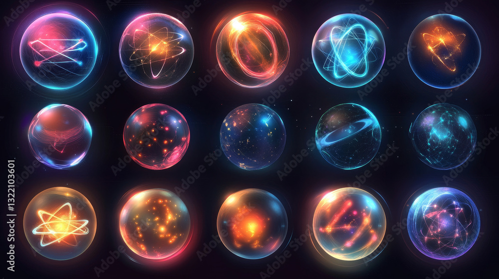 Poster geometry grid 3d sphere with light dots, atom orb, science chart of particles or virtual reality bal
