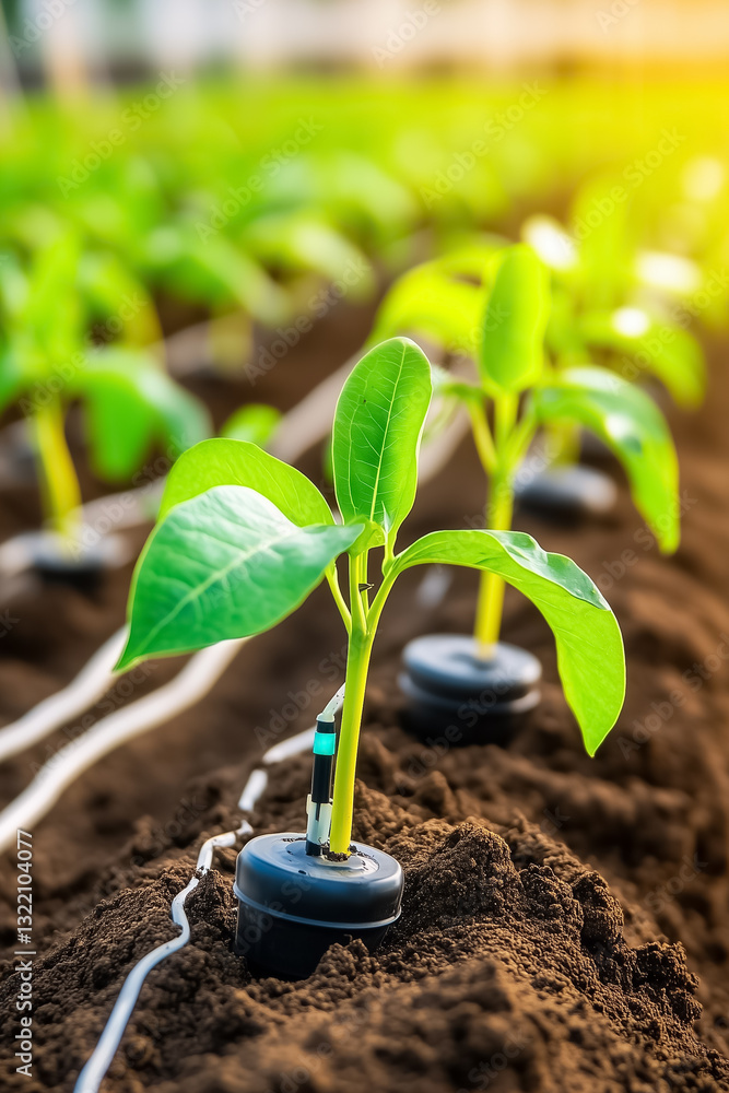 Aufkleber strategically placed sensors monitor soil conditions, providing vital data to a control hub, fosteri