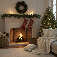 fireplace with christmas decorations