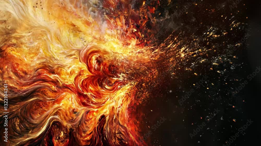 Poster dynamic fire explosion creating vivid patterns in the dark space, fantastic fire explosion
