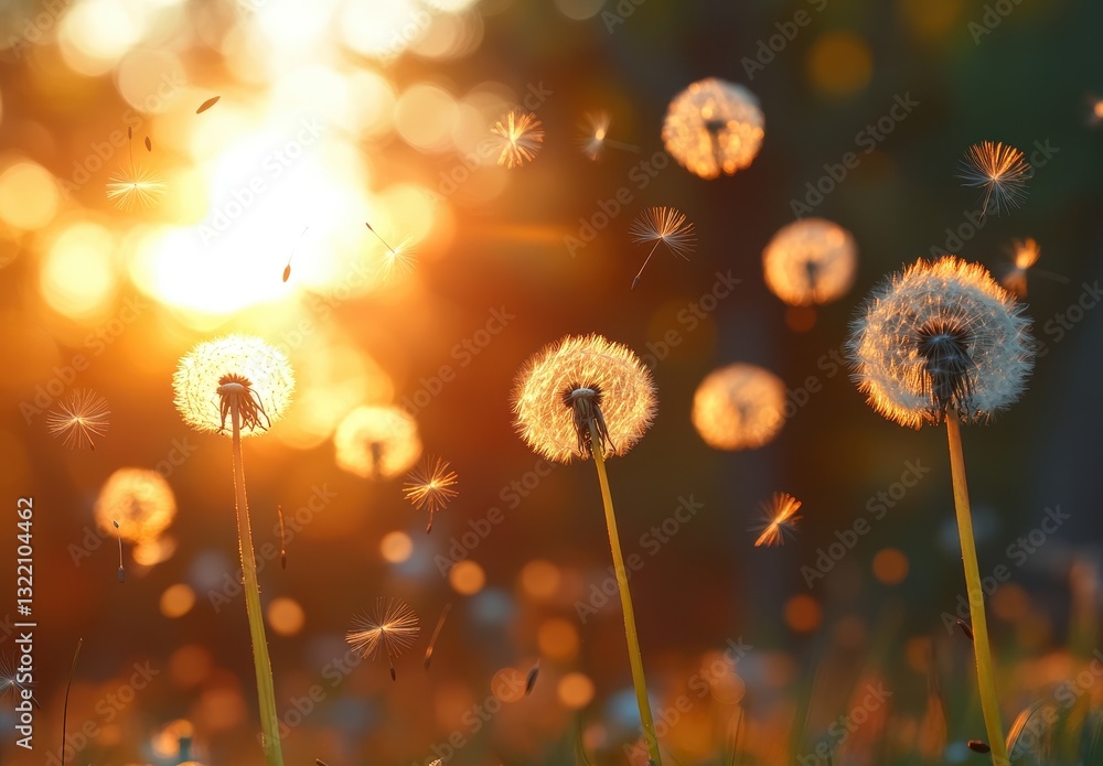 Poster dandelion seeds floating in the air against a soft sunset glow in an outdoor setting with soft bokeh