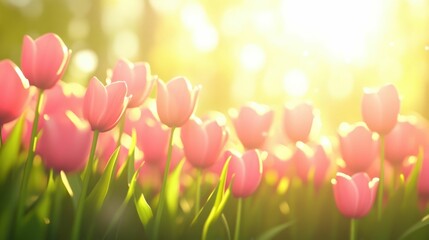 Rows of pink tulips in a sunlit garden, bright natural lighting, peaceful and vibrant floral scene