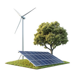Green energy solutions wind turbine solar panels and tree
