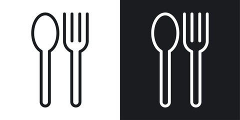 Spoon and Fork icon set in black and white stroke lines