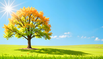 Fototapeta premium Majestic tree of life shining under bright sunlight in a meadow, spirituality