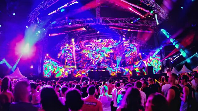 Vibrant night festival with dynamic lights and enthusiastic crowd