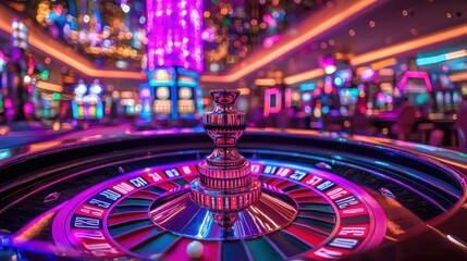 Casino roulette table in focus, illuminated with bright, vibrant neon lights