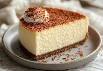 Delicious cheesecake slice topped with whipped cream and chocolate shavings on a rustic plate served on a textured cloth background