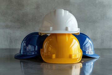 Three safety helmets in yellow, white, and blue arranged on a work surface for construction safety