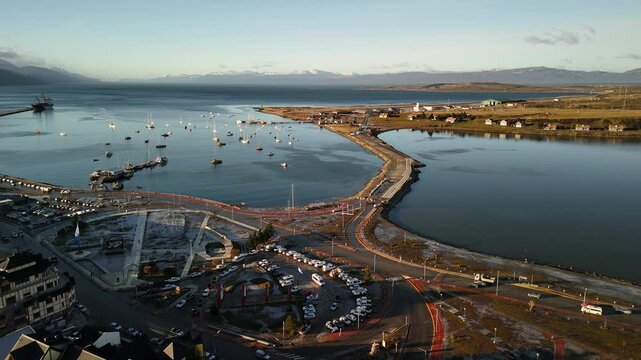 City of Ushuaia, End of the World. View of the City, Andes Mountains and Bay