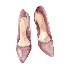 Watercolor illustration of wedding classic footwear isolated on white background. Delicate purple high heel shoes
