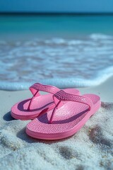 Naklejka premium Bright pink flip flop resting on soft white sand beside gentle ocean waves