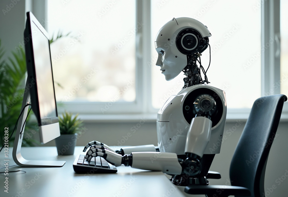 Poster humanoid robot working on a computer at an office desk