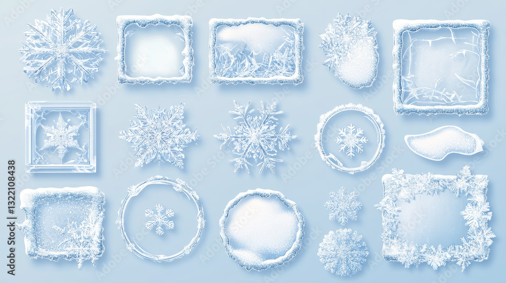 Poster frames with snow and ice. frozen borders with snowflakes of different shape as circle, square, recta