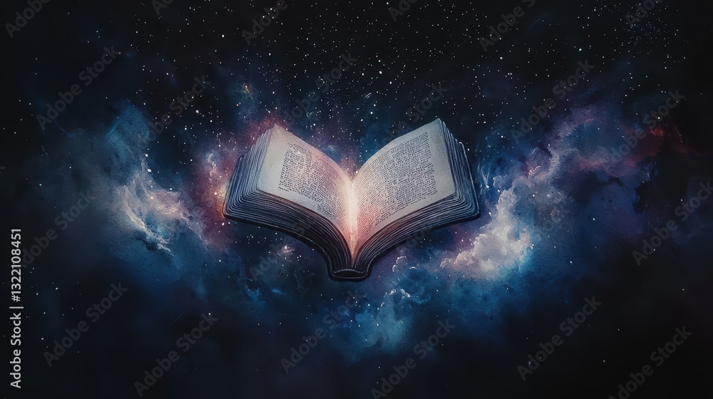 Poster open book floating in cosmic space with colorful nebula background