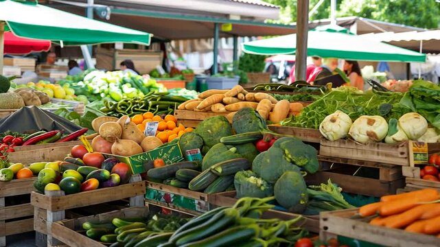 Frisches Gem&uuml;se auf einem bunten Marktstand