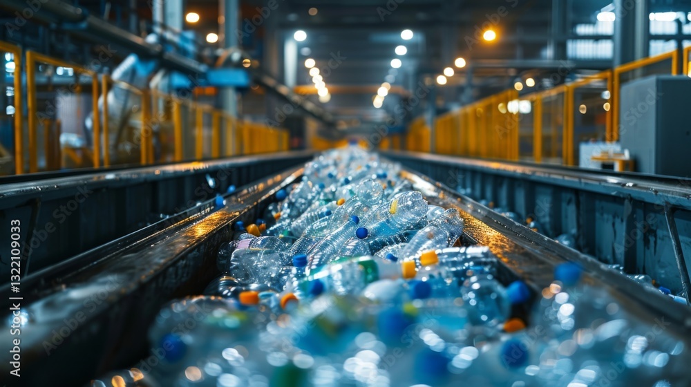 Aufkleber plastic bottles are being processed on a conveyor belt at a recycling facility, with machinery opera