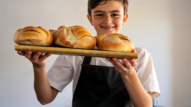 Junger B&auml;cker h&auml;lt stolz frisch gebackene Br&ouml;tchen in den H&auml;nden