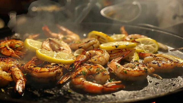 Scharf angebratene Garnelen mit Zitronenst&uuml;cken auf Grill