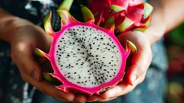 Hand h&auml;lt frische Drachenfrucht mit leuchtendem Fruchtfleisch