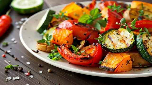 Gegrillte Gem&uuml;sespie&szlig;e mit frischen Kr&auml;utern auf Teller serviert