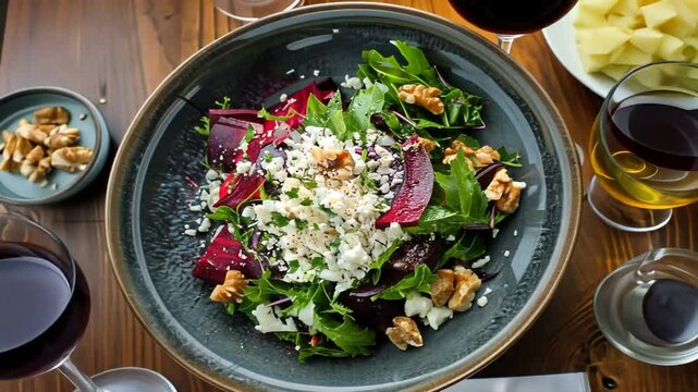 Gourmet Salat mit Rote Beete Feta und Waln&uuml;ssen serviert