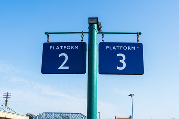 Platform 2 and 3 sign, train station or transport element, travel concept