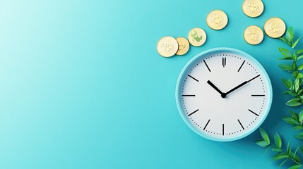 A clock and coins on a teal background, representing financial time management, smart investment strategies, and achieving business success.