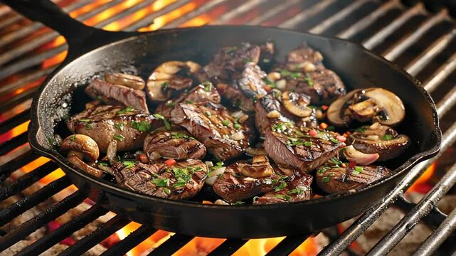 Gegrillte Rindfleischst&uuml;cke mit Pilzen auf hei&szlig;er Grillplatte
