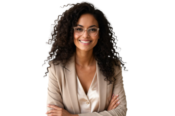 Confident young woman in professional attire with curly hair and glasses, isolated on transparent background
