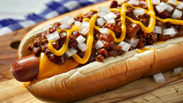 Chili Cheese Hot Dog mit geschmolzenem K&auml;se und Jalape&ntilde;os serviert