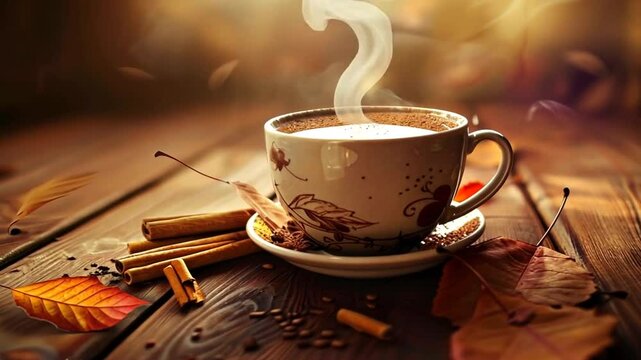 Hei&szlig;e Tasse Kaffee mit Zimt auf einem rustikalen Holztisch