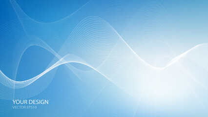 Abstract blue background with white wavy lines on light blue gradient. Vector illustration of modern, elegant technology or digital art for presentation, website banner design.