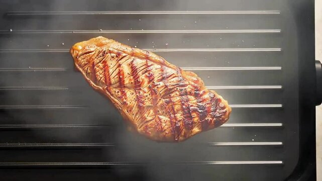Saftiges Steak auf einem hei&szlig;en Grill mit Grillstreifen