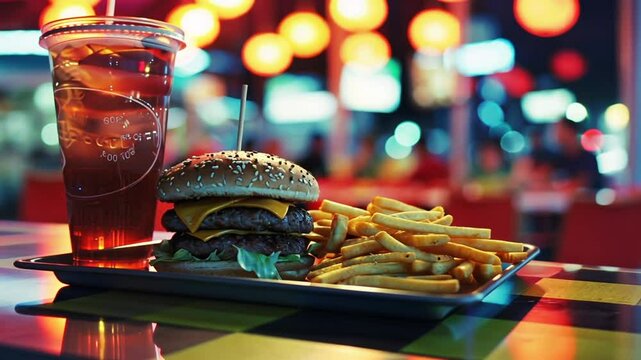 Klassischer Burger mit Pommes in amerikanischem Diner serviert