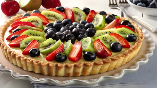Frische Obsttorte mit Beeren und Kiwi auf wei&szlig;em Teller