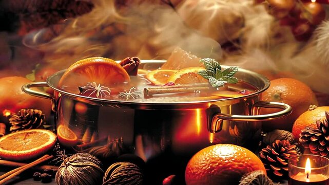 Warmer Gew&uuml;rztee mit Orangenscheiben und Zimt serviert