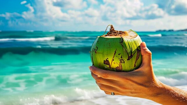 Exotischer Cocktail in einer Kokosnuss mit Strohhalm am Strand