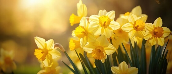 Obraz premium Vibrant yellow daffodils blooming outdoors in the warm morning sunlight, symbolizing spring, renewal, and the beauty of nature
