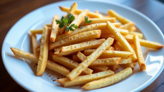 An elegant white plate containing crispy French fries, carefully seasoned with delicious spices. The fries are golden and crispy on the outside while remaining soft on the inside