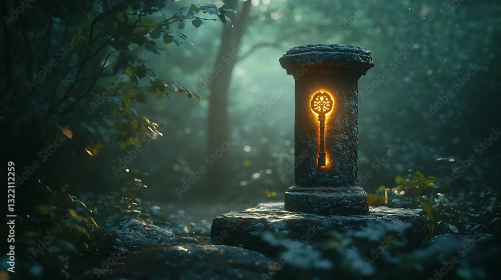 Poster a glowing key resting on an ancient stone pedestal in the middle of a quiet forest. the key emits a 