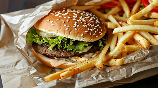 Klassischer Hamburger mit Pommes in rustikalem Papier serviert
