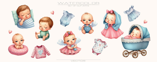 Fototapeta premium Cute Watercolor Vector Set – Gender Reveal, Plush Teddy Bear, Soft Baby Clothing, Delicate Color Palette