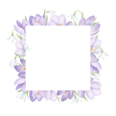 Snowdrops and crocuses square frame. Watercolor floral composition with space for text. Hand drawn springtime background for wedding invitations and greeting card design
