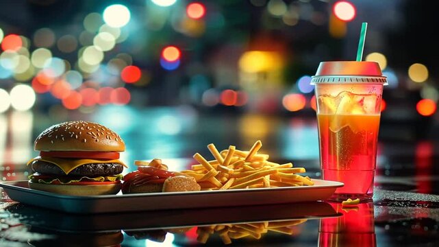 Saftiger Burger mit Pommes und Cola in n&auml;chtlicher Kulisse