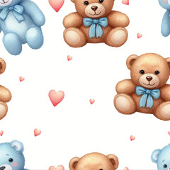 Seamless Watercolor Illustration – Two Teddy Bears with Bows, Blue and Brown