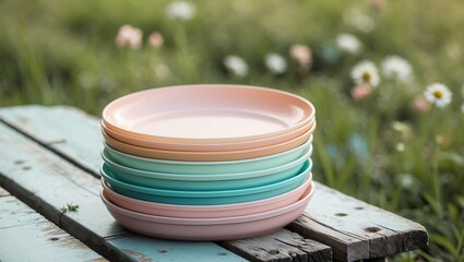 Colorful stack of plates on a rustic table in a vibrant outdoor setting during daylight
