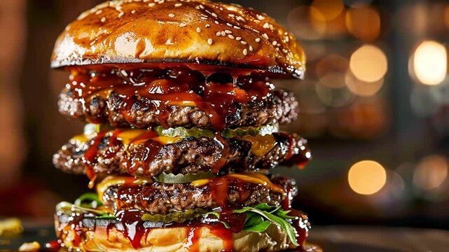 Doppelter Cheeseburger mit Speck BBQ Sauce und Salat