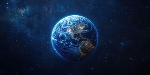 Obraz premium Digital Earth at night, glowing with city lights, in deep space. Pixelated globe with stars in background