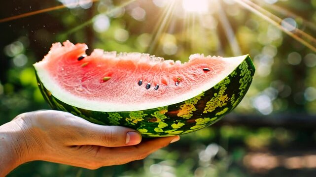 Saftige Wassermelonenscheibe mit perfekter Farbe in der Hand gehalten